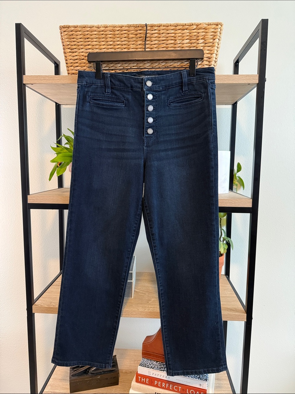 Liverpool High-Rise Dark Wash Button Fly Ankle Straight Leg Jeans, 10 / 30